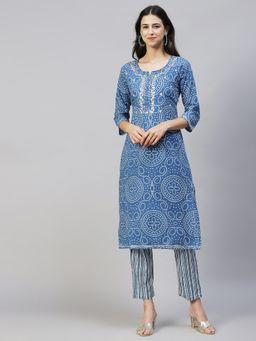 FASHOR - Bandhani Printed & Embroidered Straight Fit Kurta Pants - Blue (Set of 2)